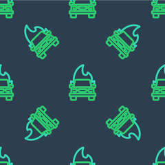 Line Burning car icon isolated seamless pattern on blue background. Insurance concept. Car on fire. Broken auto covered with fire and smoke. Vector