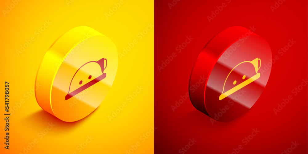 Poster isometric miner helmet icon isolated on orange and red background. circle button. vector