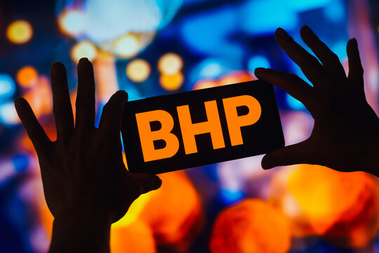 October 28, 2022, Brazil. In this photo illustration, the BHP Billiton logo is displayed on a smartphone screen.