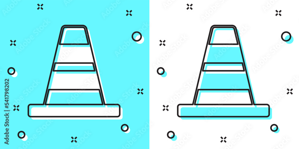 Poster black line traffic cone icon isolated on green and white background. random dynamic shapes. vector