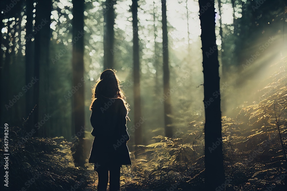 Poster  two people standing together in a forest with trees behind them. Generative AI