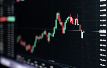 Stock market graph chart on digital LED display. Red and green Candle stick graph on black background. Selective focus