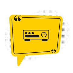 Black Sound mixer controller icon isolated on white background. Dj equipment slider buttons. Mixing console. Yellow speech bubble symbol. Vector