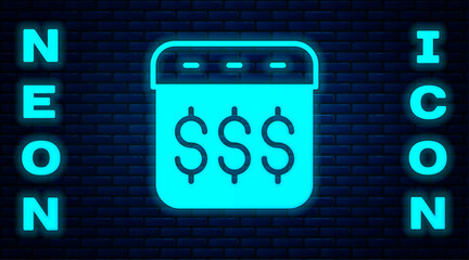 Glowing neon Payday, calendar with dollar icon isolated on brick wall background. Vector