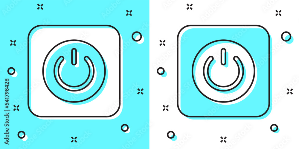 Poster black line power button icon isolated on green and white background. start sign. random dynamic shap
