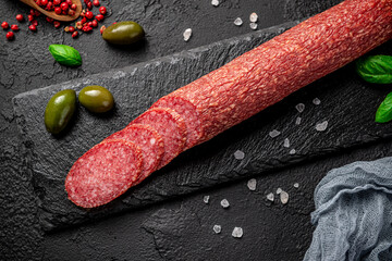 Salami. Dried organic salami sausage or spanish chorizo