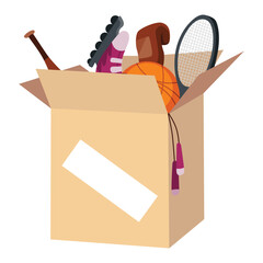 Cardboard donation box full of sports inventory. Charity and donate for poor people, help homeless and support needy. Volunteering, social care charity concept. Needed items © the8monkey