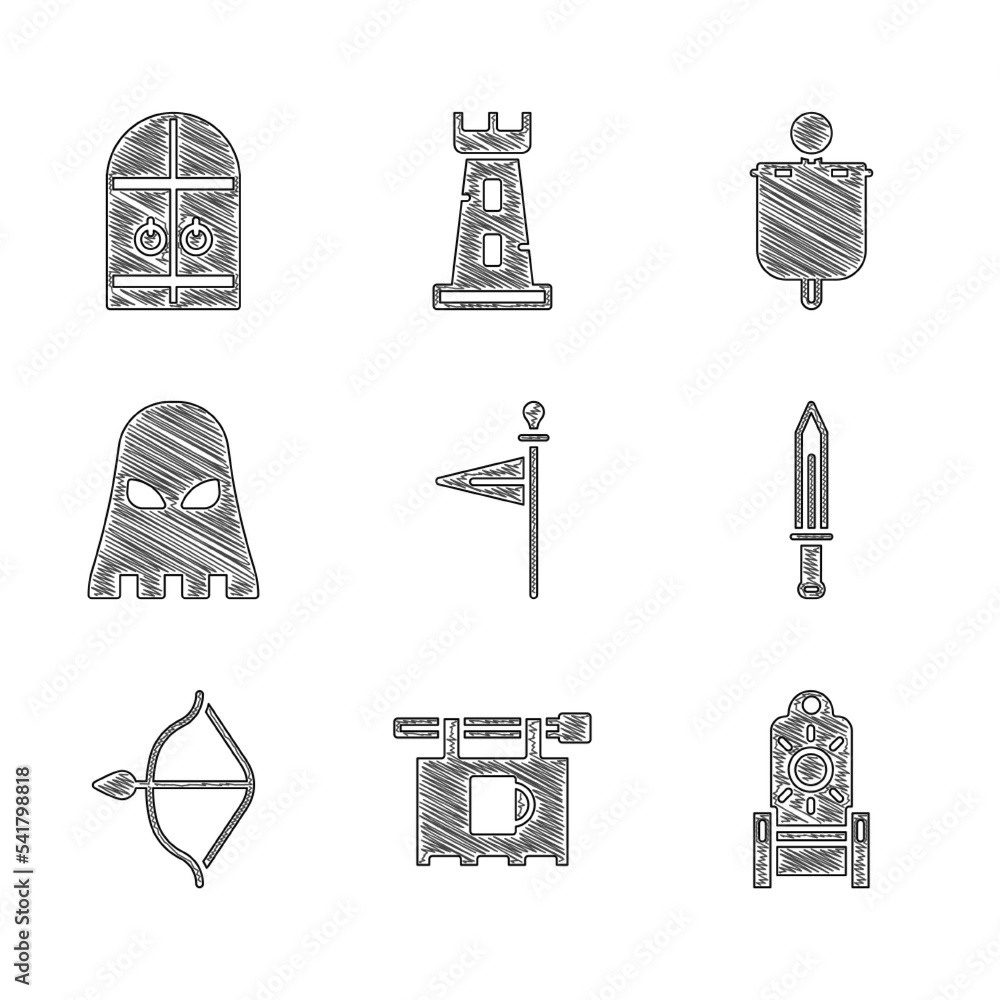 Poster set medieval flag, street signboard with bar, throne, sword, bow and arrow, executioner mask, and ca