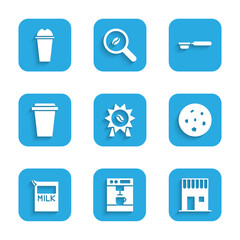 Set Medal for coffee, Coffee machine, shop, Cookie biscuit, Paper package milk, cup to go, filter holder and Milkshake icon. Vector