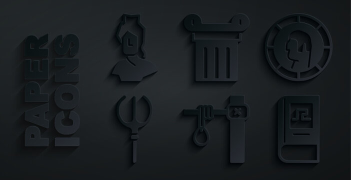 Set Gallows, Ancient Greek coin, Neptune Trident, history book, column and bust sculpture icon. Vector