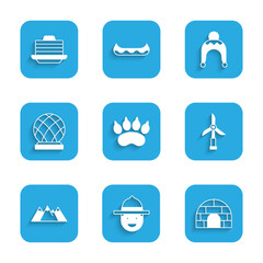 Set Bear paw footprint, Canadian ranger hat, Igloo ice house, Wind turbine, Mountains, Montreal Biosphere, Winter and Stack of pancakes icon. Vector