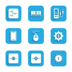 Set Computer mouse, Lamp in electronic circuit, Solar energy panel, Gear and lightning, Ohmmeter, Mobile phone, Ampere multimeter and Switch icon. Vector