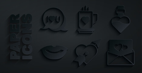Set Amour with heart and arrow, Bottle love potion, Smiling lips, Envelope Valentine, Coffee cup and Speech bubble text I you icon. Vector