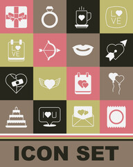 Set Condom in package, Balloons form of heart, Amour with and arrow, Coffee cup, Bow, Calendar February 14, Gift box and Smiling lips icon. Vector