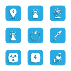 Set Apple, Lightning bolt, Test tube, Pipette, Radioactive, Explosion the flask, Atom and icon. Vector