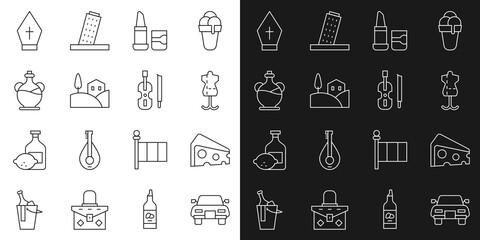 Set line Car, Cheese, Mannequin, Lipstick, Village landscape, Bottle of olive oil, Pope hat and Violin icon. Vector