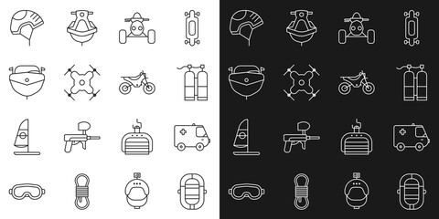 Set line Rafting boat, Ambulance and emergency car, Aqualung, ATV motorcycle, Drone flying, Speedboat, Helmet and Mountain bike icon. Vector