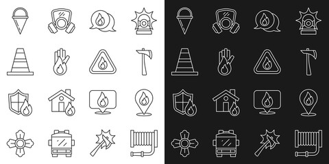 Set line Fire hose reel, Location with fire flame, Firefighter axe, Telephone call 911, No, Traffic cone, bucket and in triangle icon. Vector