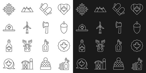 Set line Syrup with pancakes, Canadian maple leaf, Acorn, Christmas mitten, Wind turbine, ranger hat, Snowflake and Wooden axe icon. Vector