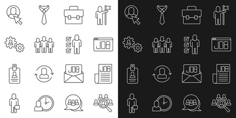 Set line Magnifying glass for search job, Search, Briefcase, Project team base, Human with gear, Worker and Resume icon. Vector