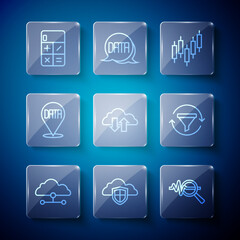 Set line Network cloud connection, Cloud and shield, Search data analysis, Browser with stocks market, download upload, Data, Calculator and Sales funnel chart icon. Vector