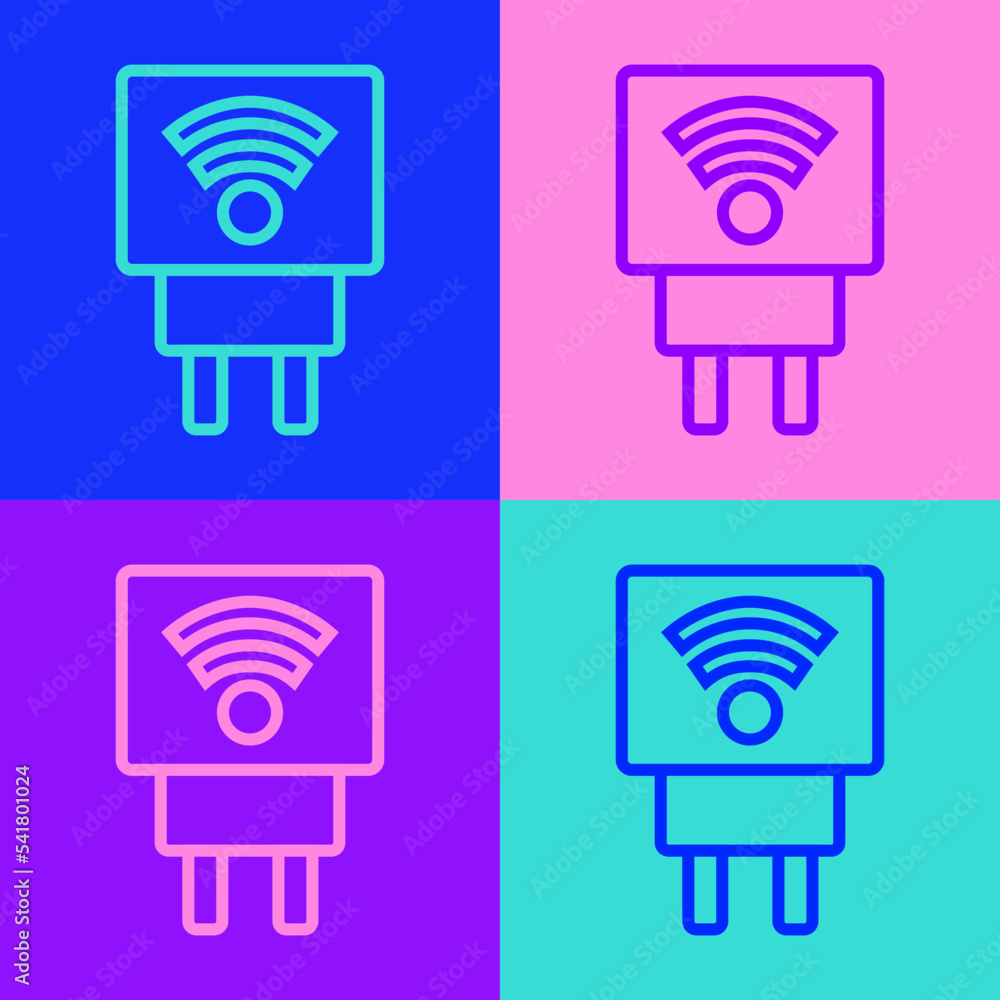 Poster pop art line smart electric plug system icon isolated on color background. internet of things concep