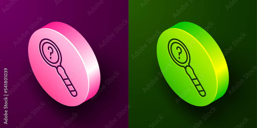 Poster isometric line unknown search icon isolated on purple and green background. magnifying glass and que