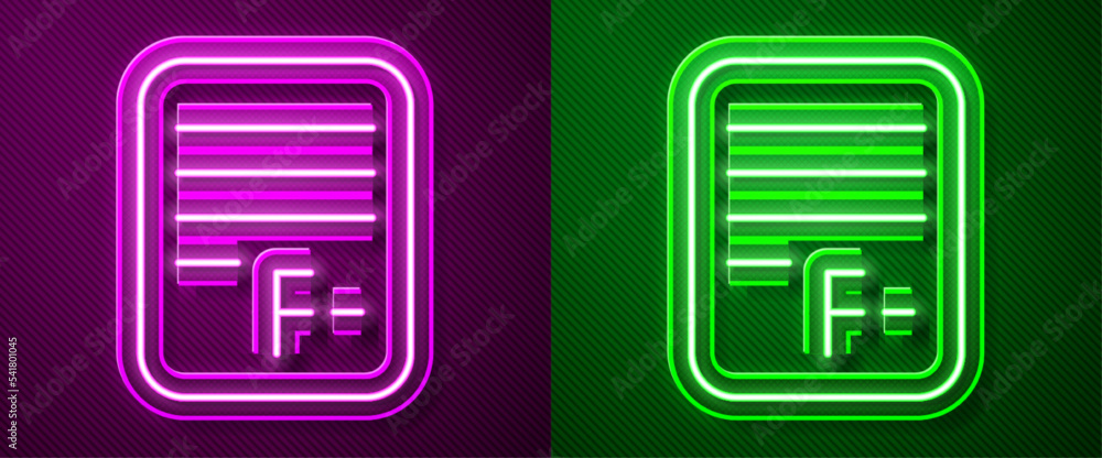 Poster glowing neon line exam paper with incorrect answers survey icon isolated on purple and green backgro