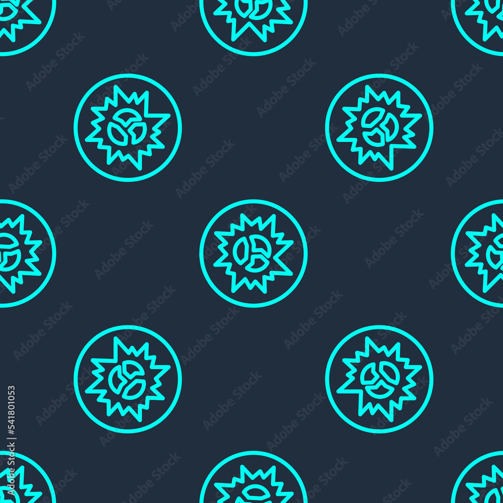 Poster green line bomb explosion with shrapnel and fireball icon isolated seamless pattern on blue backgrou