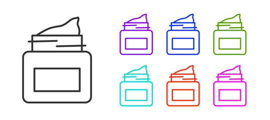 Black line Cream or lotion cosmetic jar icon isolated on white background. Body care products for men. Set icons colorful. Vector