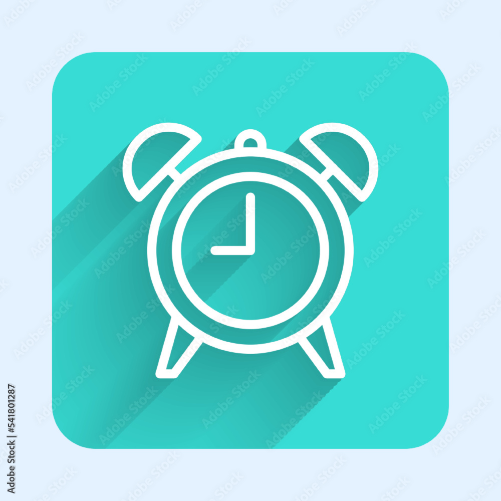 Poster white line alarm clock icon isolated with long shadow background. wake up, get up concept. time sign