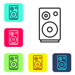 Black line Stereo speaker icon isolated on white background. Sound system speakers. Music icon. Musical column speaker bass equipment. Set icons in color square buttons. Vector