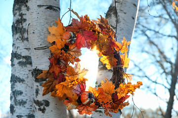 Beautiful autumn decorative wreath of leaves and pumpkins hanging on tree, abstract blurred natural...