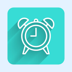 White line Alarm clock icon isolated with long shadow background. Wake up, get up concept. Time sign. Green square button. Vector