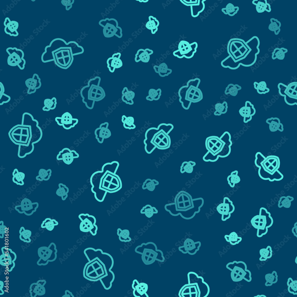 Poster green line cloud and shield icon isolated seamless pattern on blue background. cloud storage data pr