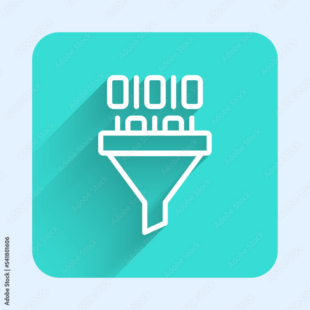 Poster white line binary code icon isolated with long shadow background. green square button. vector