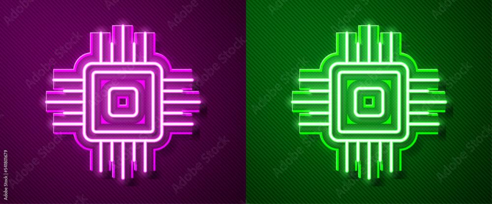 Poster glowing neon line computer processor with microcircuits cpu icon isolated on purple and green backgr