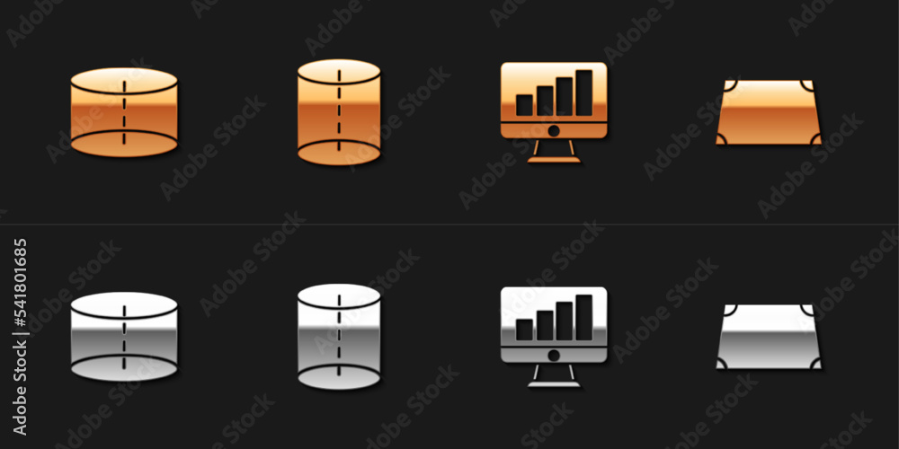 Poster set geometric figure cylinder, , computer monitor with graph chart and acute trapezoid shape icon. v