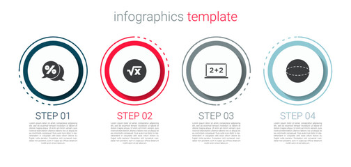 Set Discount percent tag, Square root of x glyph, Chalkboard and Geometric figure Sphere. Business infographic template. Vector