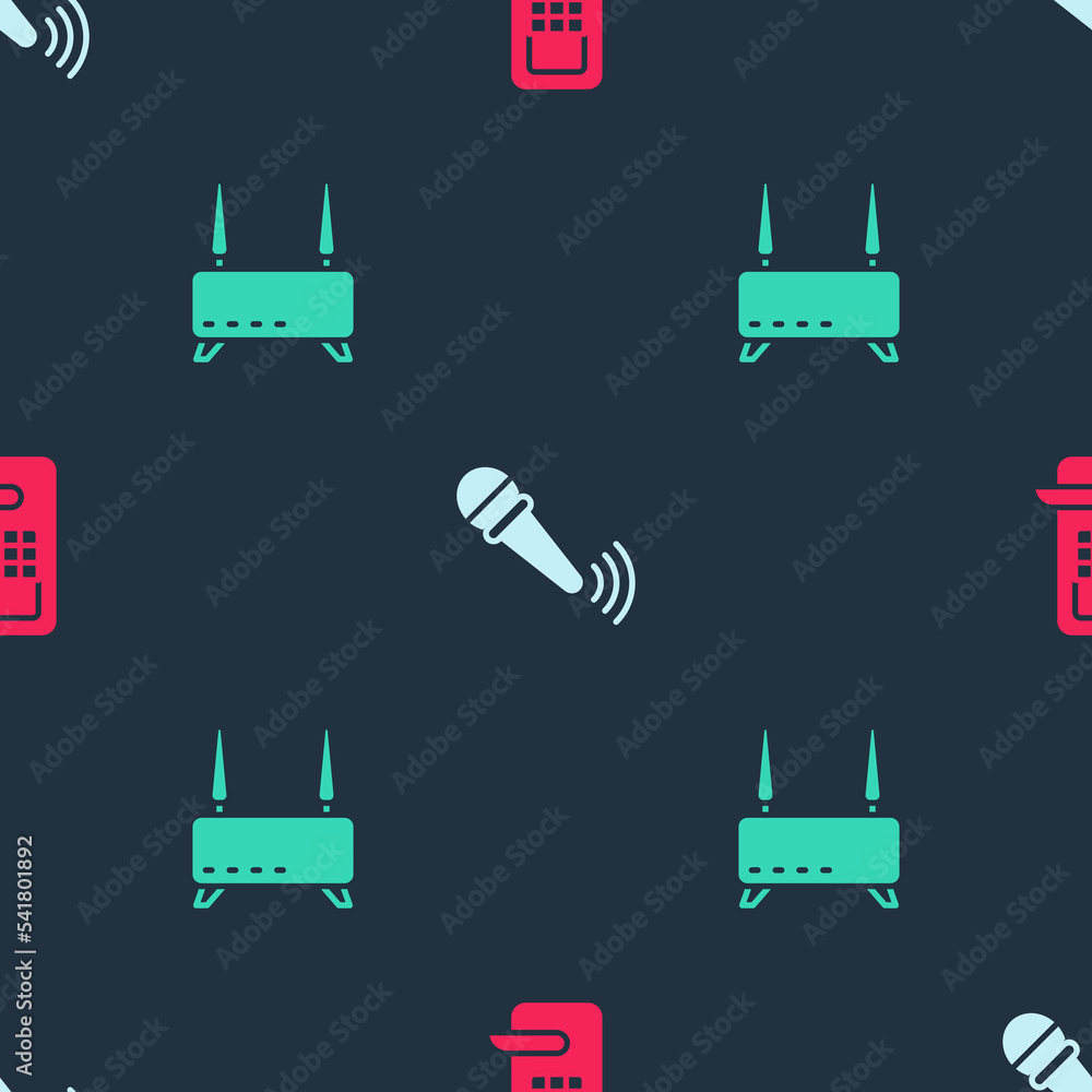 Poster set digital door lock, wireless microphone and router and wi-fi signal on seamless pattern. vector