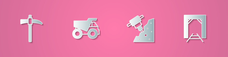Set paper cut Pickaxe, Mining dump truck, Construction jackhammer and Mine entrance icon. Paper art style. Vector © Kostiantyn