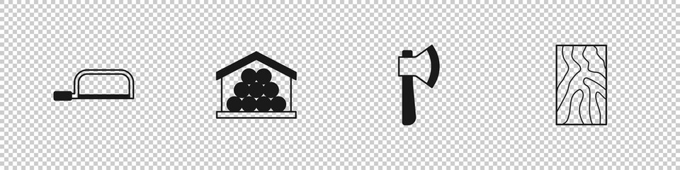 Set Hacksaw, Wooden logs, axe and beam icon. Vector