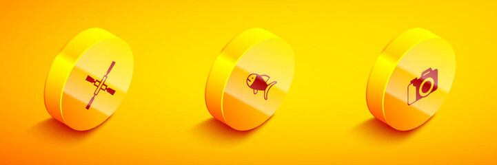 Set Isometric Oars or paddles boat, Fish and Photo camera icon. Vector