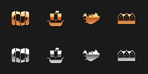 Set Map of Iceland, Viking ship Drakkar, and Norwegian wooden house icon. Vector