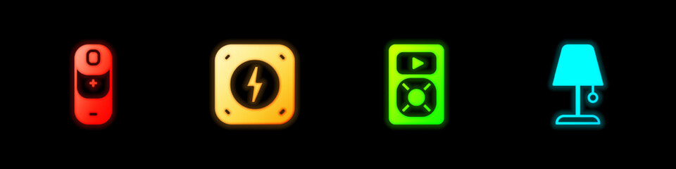 Set Battery charge, Lightning bolt, Music player and Table lamp icon. Vector