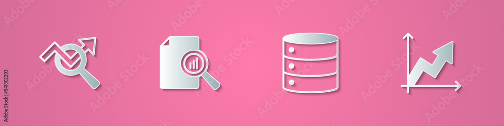 Poster set paper cut search data analysis, document with graph chart, server and financial growth icon. pap