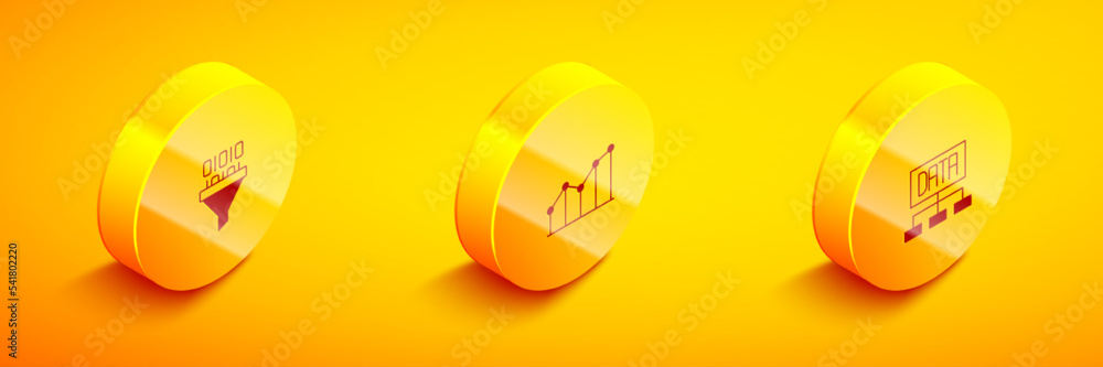 Poster set isometric binary code, pie chart infographic and data analysis icon. vector