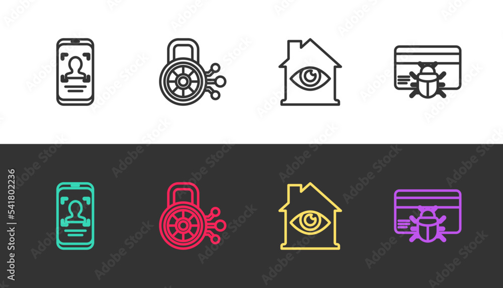 Poster set line mobile and face recognition, cyber security, house with eye scan and system bug in credit c