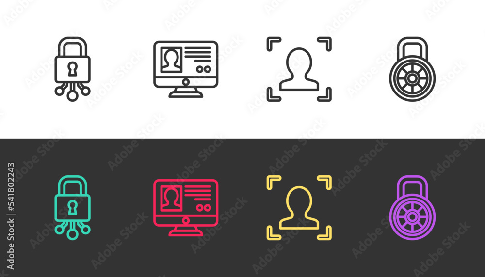 Poster set line cyber security, create account screen, face recognition and safe combination lock on black 