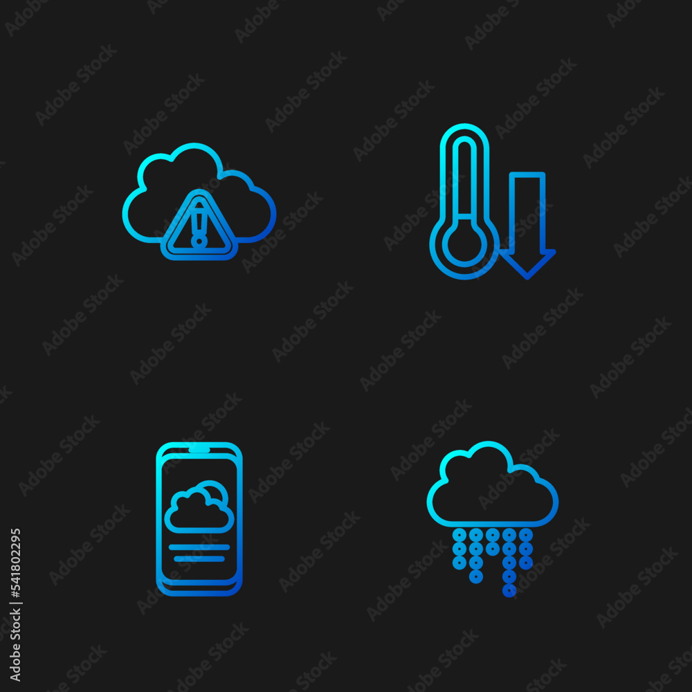 Poster set line cloud with rain, weather forecast, storm warning and meteorology thermometer. gradient colo